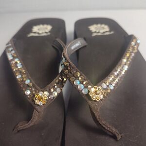 Yellow Box Women Brown Rhinestone Wedge Flip Flop Sandals Floral Crystal Size 7